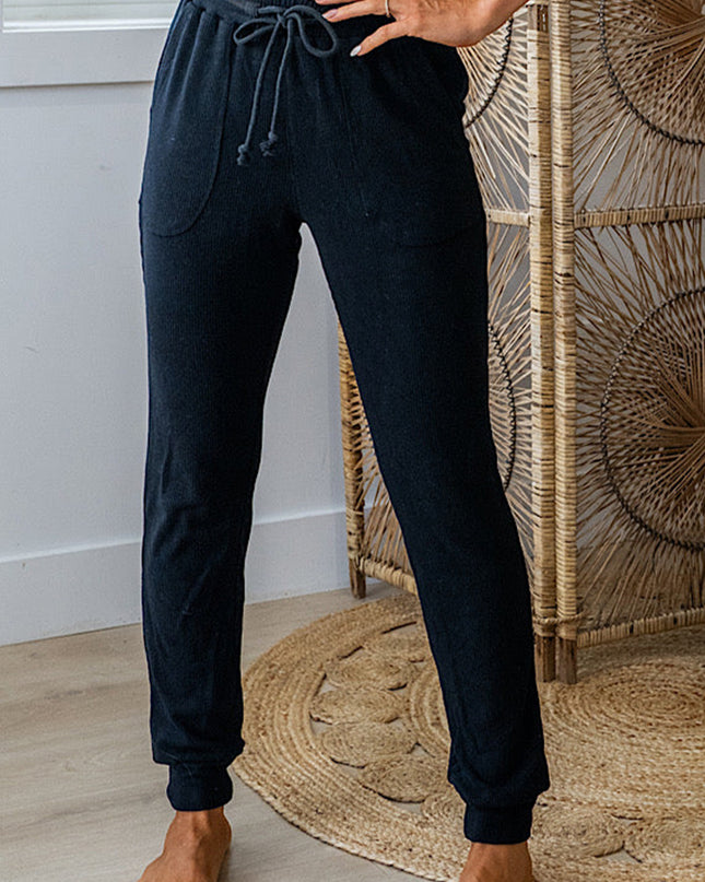 Black Ribbed Drawstring Active Jogger Pants