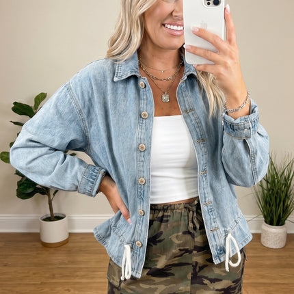 Beau Blue Draw-cord Hem Light Wash Denim Jacket
