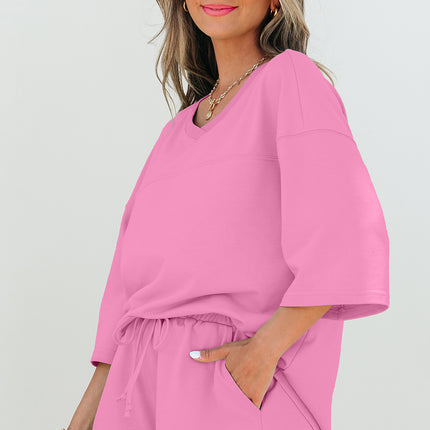 Meadow Mist Green Solid Loose V Neck Half Sleeve Tee and Shorts Set