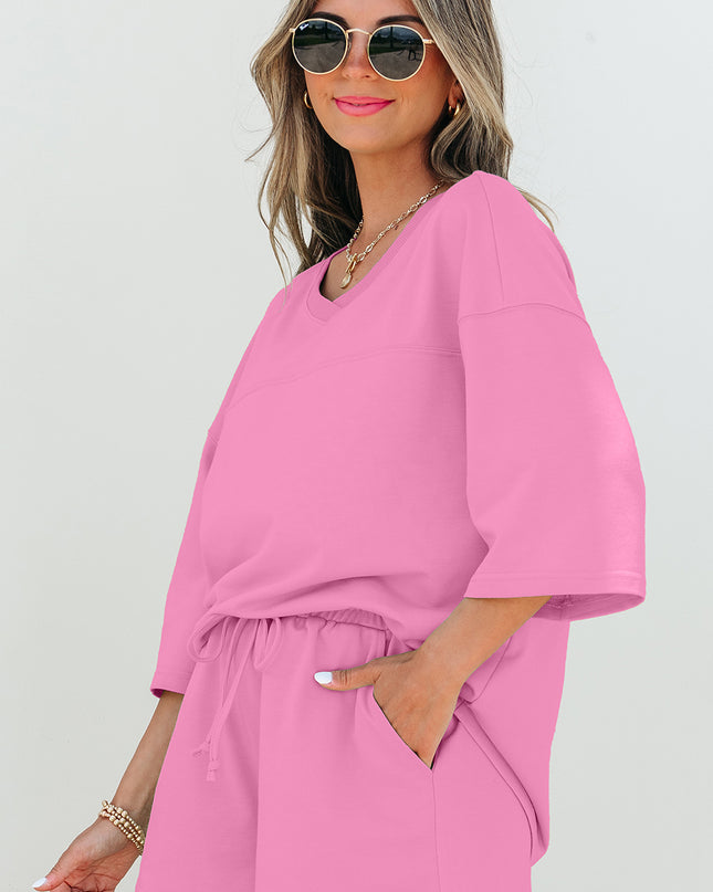 Meadow Mist Green Solid Loose V Neck Half Sleeve Tee and Shorts Set