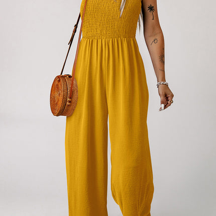 Ginger Smocked Sleeveless Wide Leg Jumpsuit with Pockets