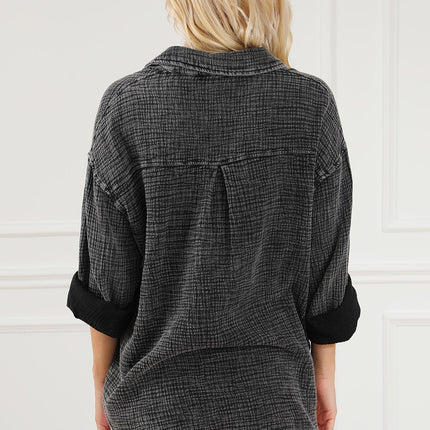 Black Crinkle Textured Chest Pockets Shirt