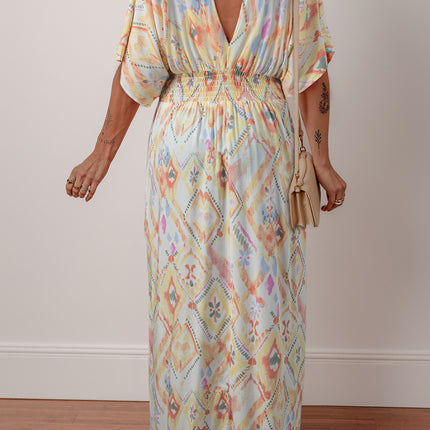 Multicolour Geometric Print Half Sleeve Shirred High Waist Maxi Dress