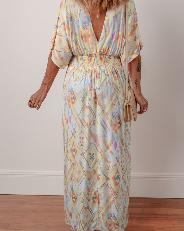 Multicolour Geometric Print Half Sleeve Shirred High Waist Maxi Dress