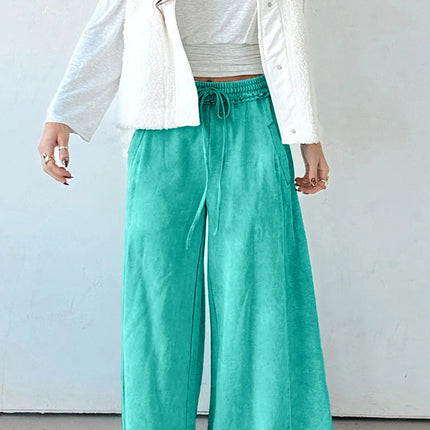 Sea Green Drawstring Elastic Waist Raw Hem Loose Pants
