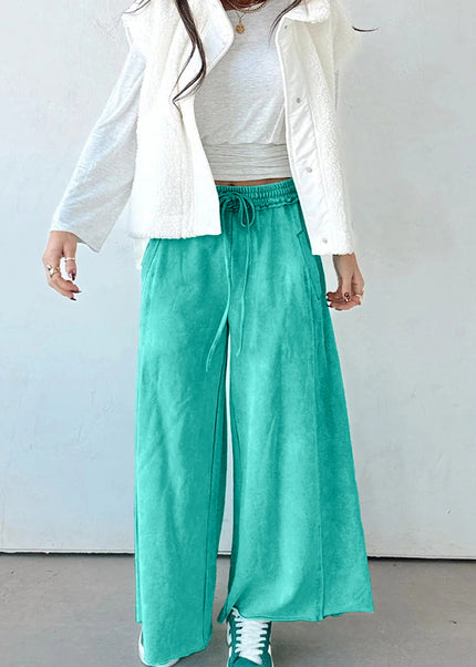 Sea Green Drawstring Elastic Waist Raw Hem Loose Pants
