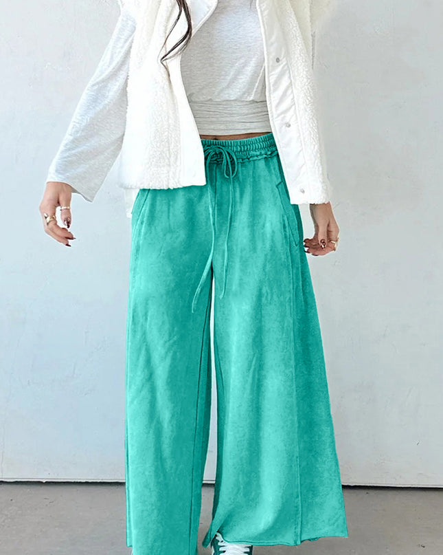 Sea Green Drawstring Elastic Waist Raw Hem Loose Pants