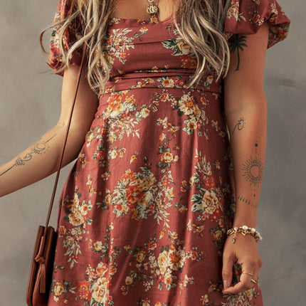 Red Floral Puff Sleeve Square Neck Knot Open Back Mini Dress