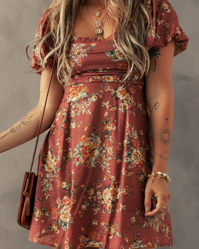 Red Floral Puff Sleeve Square Neck Knot Open Back Mini Dress