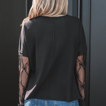 Light Pink Solid Color Bow Textured Patchwork Long Sleeve Tee