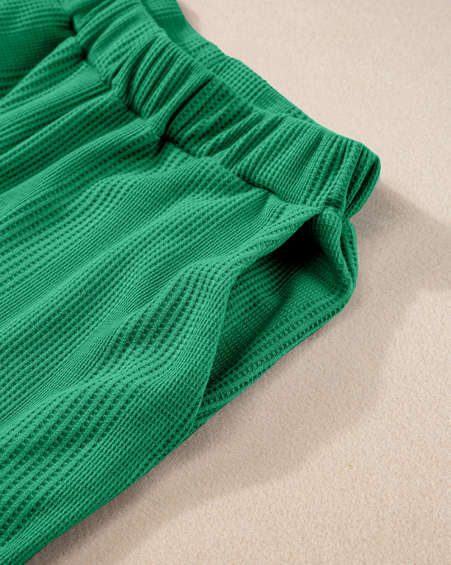 Beau Blue Solid Color Ribbed Ruffle Tank Top and Pants Set