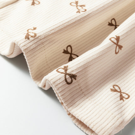 Apricot Bow Print Drawstring Elastic Waist Loose Corduroy Pants