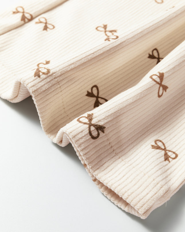 Apricot Bow Print Drawstring Elastic Waist Loose Corduroy Pants