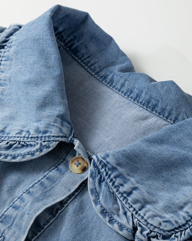 Beau Blue Ruffled Peter Pan Collar Western Denim Shirt