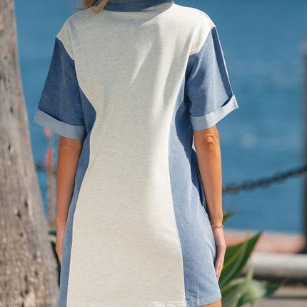 Light Grey Denim Color Block Patchwork Button Polo Collar T Shirt Tunic Dress