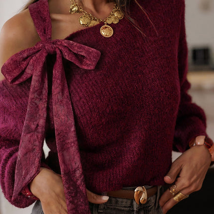 Burgundy Lace Bowknot Asymmetric Neck Sweater