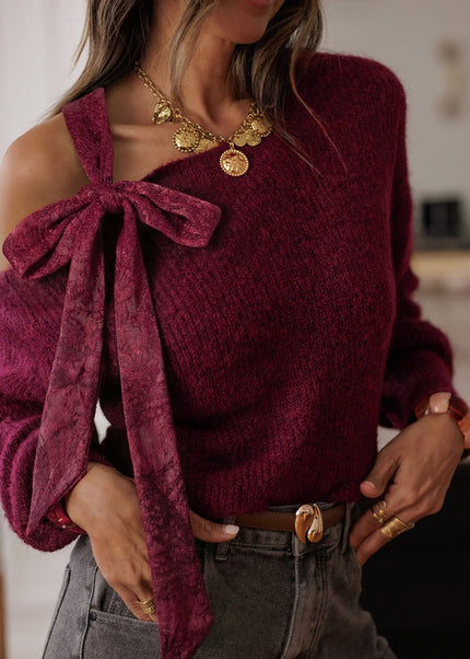 Burgundy Lace Bowknot Asymmetric Neck Sweater