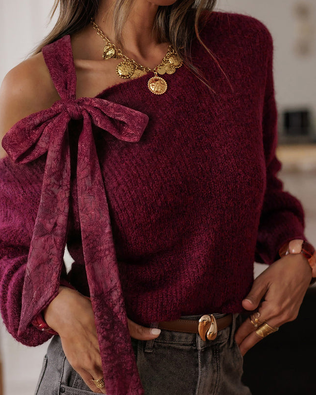 Burgundy Lace Bowknot Asymmetric Neck Sweater