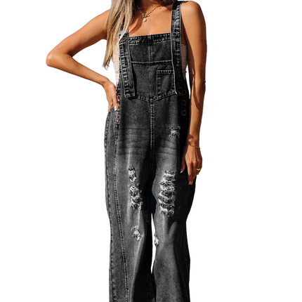 Stone Blue Distressed Bib Pocket Wide Leg Denim Overall