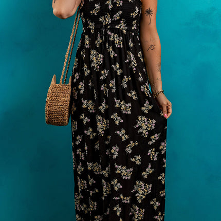 Black Floral Spaghetti Strap Shirred Bodice Tied Empire Waist Maxi Dress