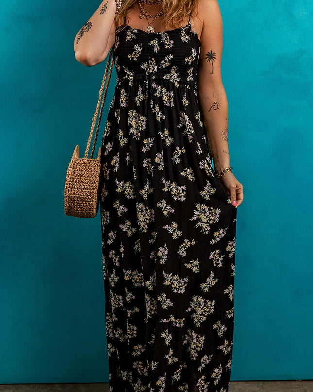 Black Floral Spaghetti Strap Shirred Bodice Tied Empire Waist Maxi Dress