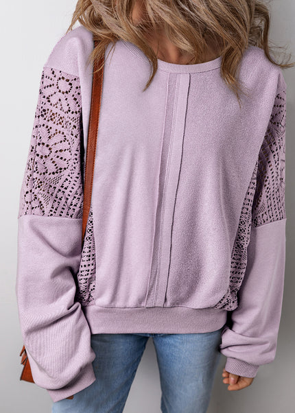 Parchment Knit Crochet Exposed Seam Ribbed Trim Sweatshirt