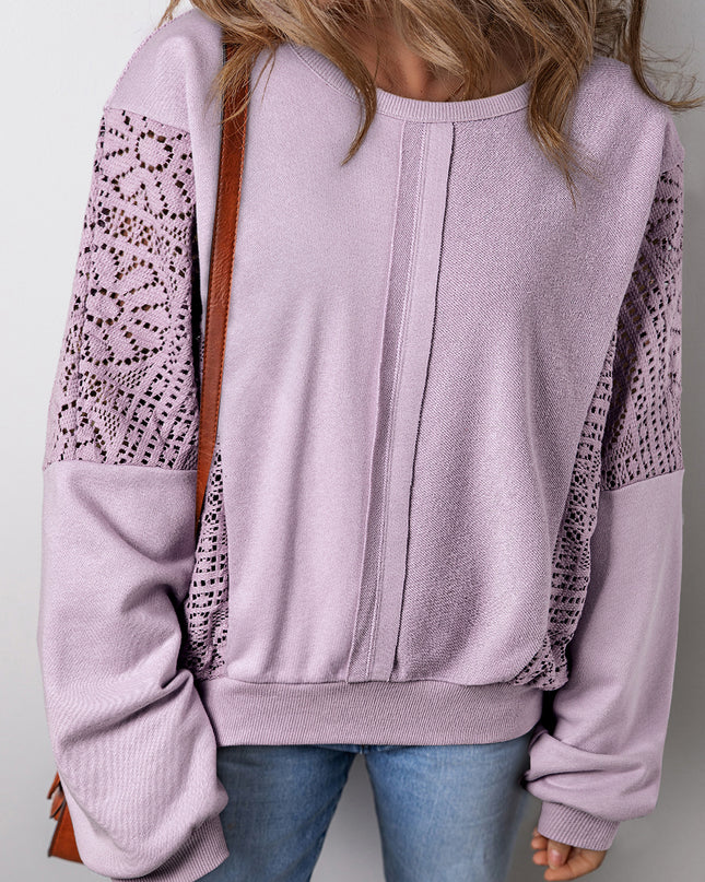 Parchment Knit Crochet Exposed Seam Ribbed Trim Sweatshirt