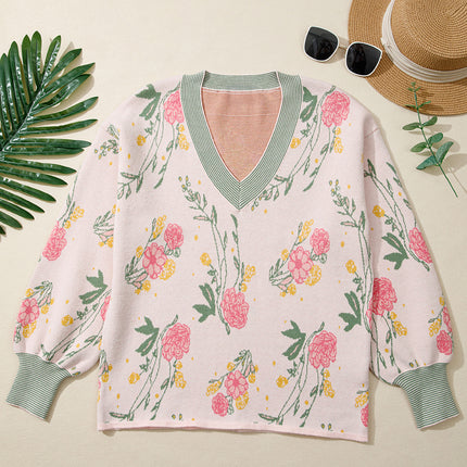 Pink Floral Pattern Striped V Neck Loose Sweater