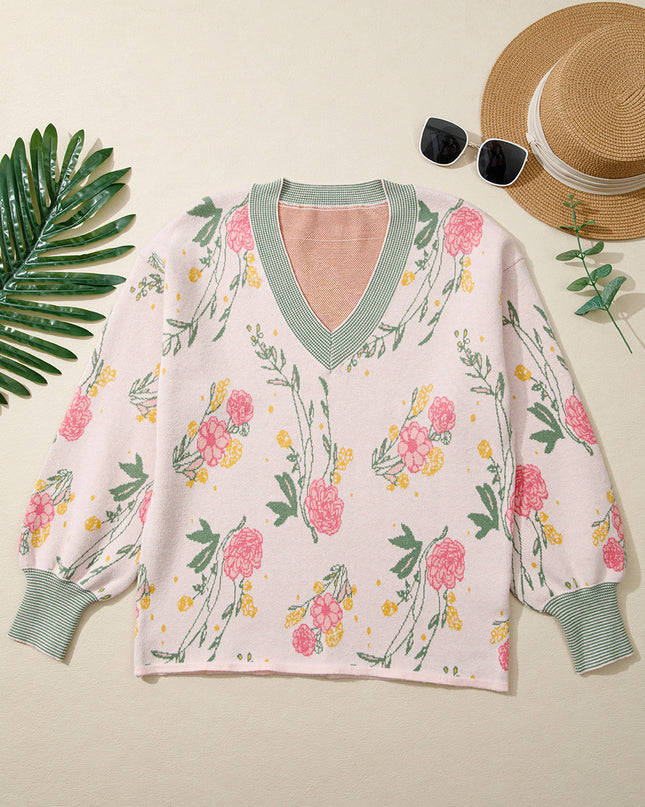 Pink Floral Pattern Striped V Neck Loose Sweater