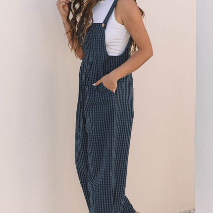Sail Blue Plaid Print Buttoned Pocketed High Waist Overall