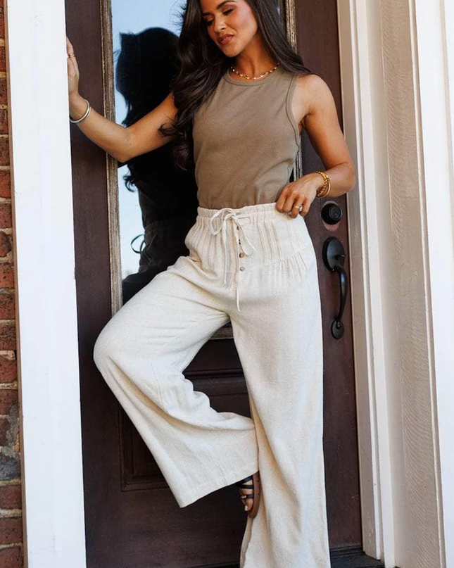 Jet Stream Drawstring Elastic Waist Button Pleated Detail Wide Leg