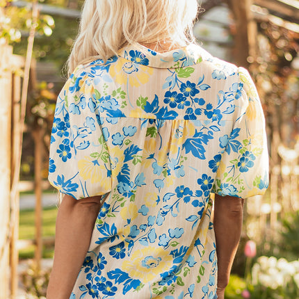 Blue Floral Striped Mixed Print Puff Short Sleeve Blouse