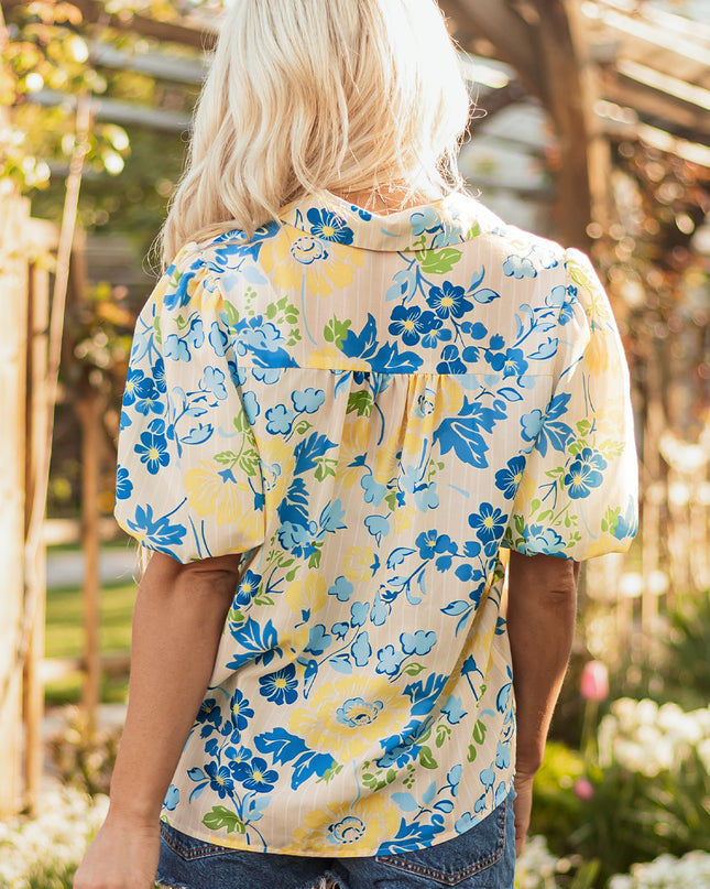 Blue Floral Striped Mixed Print Puff Short Sleeve Blouse
