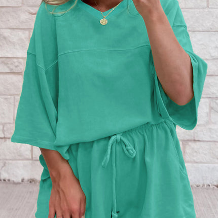 Meadow Mist Green Solid Loose V Neck Half Sleeve Tee and Shorts Set