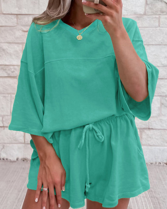 Meadow Mist Green Solid Loose V Neck Half Sleeve Tee and Shorts Set