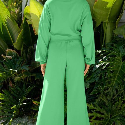 Flamingo Drop Shoulder Puff Sleeve Crop Pullover Drawstring Wide Leg Pants Set