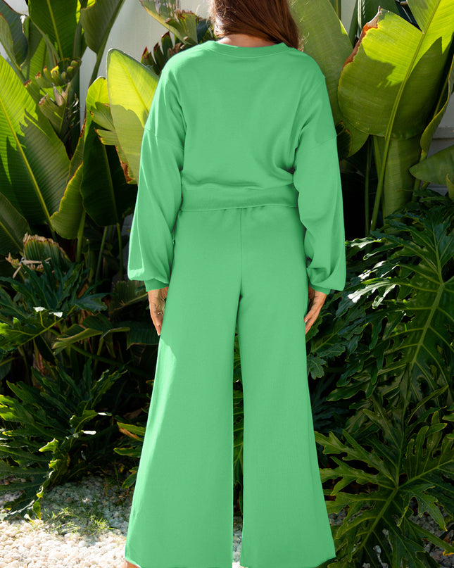 Flamingo Drop Shoulder Puff Sleeve Crop Pullover Drawstring Wide Leg Pants Set