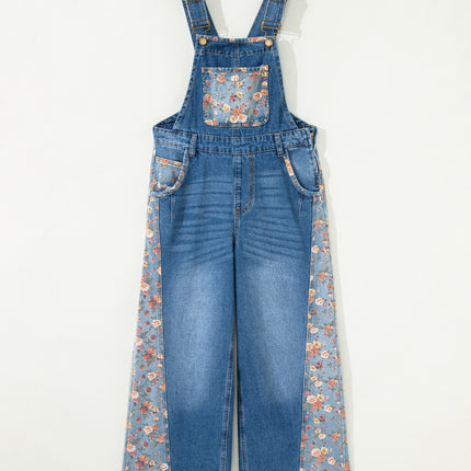 Peacock Blue Floral Patchwork Bib Denim Wide Leg Overalls