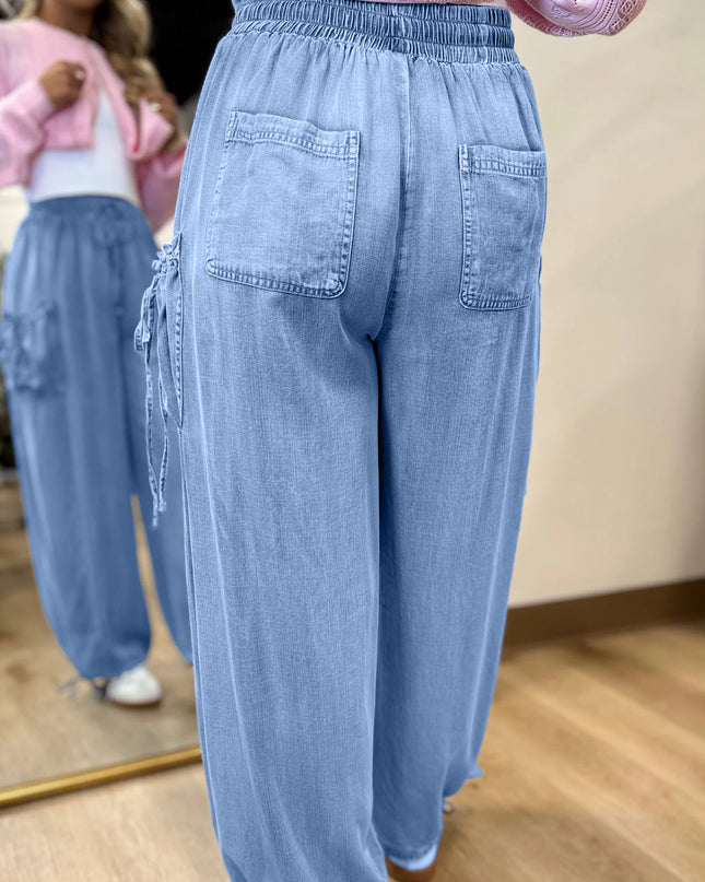 Beau Blue Drawstring Elastic Waist Pocketed Loose Denim Pants
