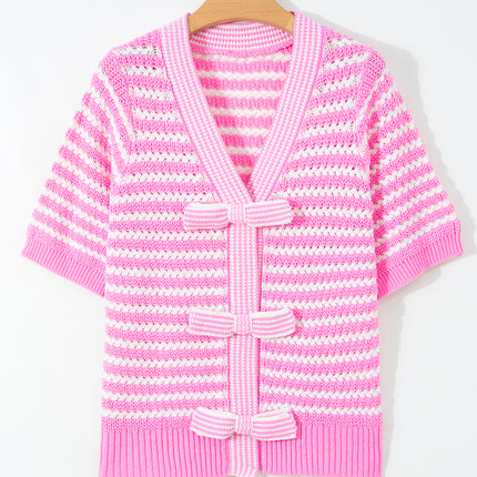 Pink Stripe Short Sleeve Knit V Neck Bow Knot Sweater
