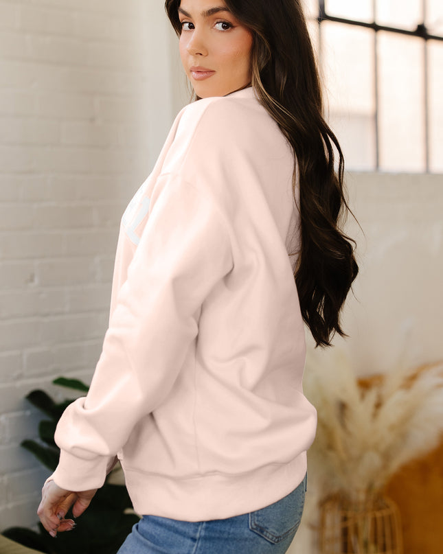 Bright Pink Oversize Blessed Embroidered Mock Neck Sweatshirt