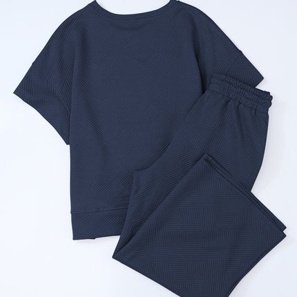 Black Textured Loose Fit T Shirt and Drawstring Pants Set