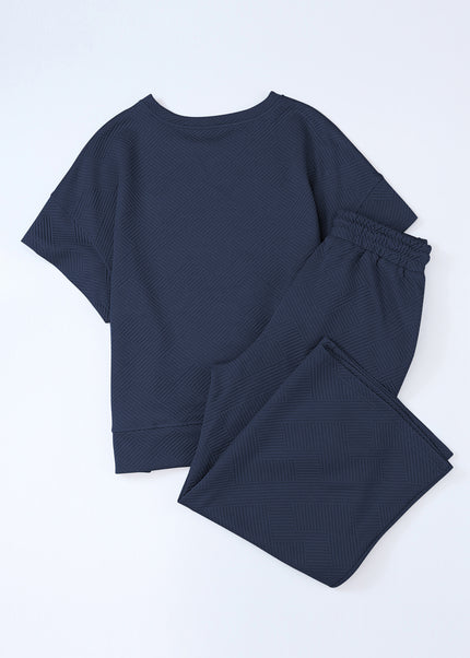 Black Textured Loose Fit T Shirt and Drawstring Pants Set