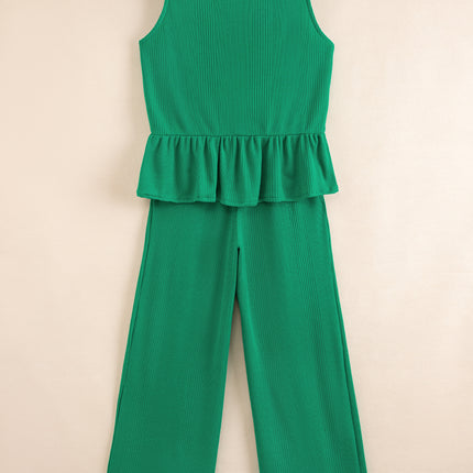 Beau Blue Solid Color Ribbed Ruffle Tank Top and Pants Set
