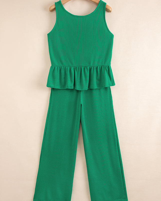 Beau Blue Solid Color Ribbed Ruffle Tank Top and Pants Set