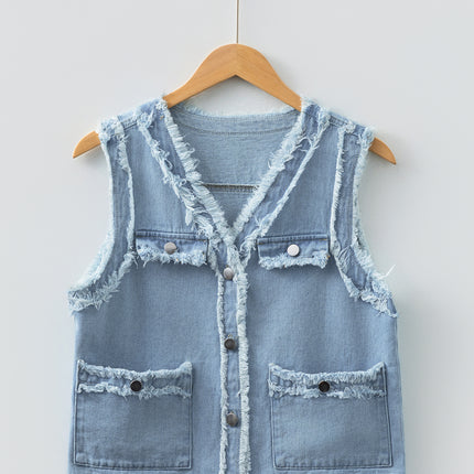 Beau Blue Frayed Edge Flap Pockets Denim Vest Jacket