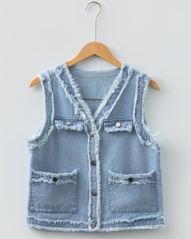 Beau Blue Frayed Edge Flap Pockets Denim Vest Jacket