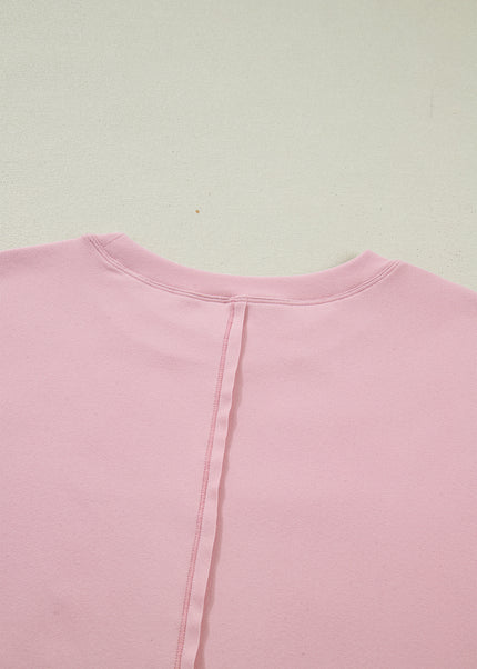 Light Pink Solid Color Bow Textured Patchwork Long Sleeve Tee