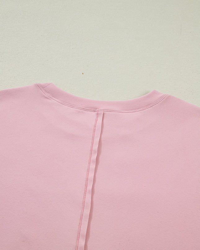Light Pink Solid Color Bow Textured Patchwork Long Sleeve Tee