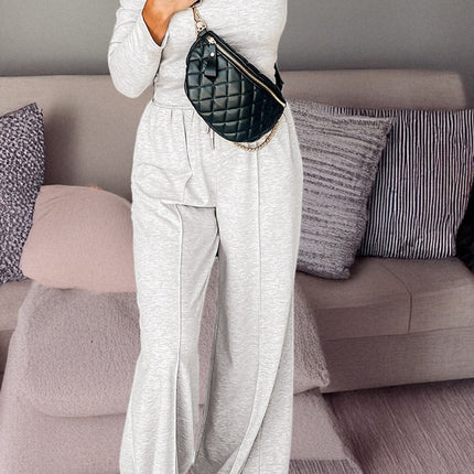 Light Grey Long Sleeve High Neck Slim Top Smocked Waist Central Seam Pants Set